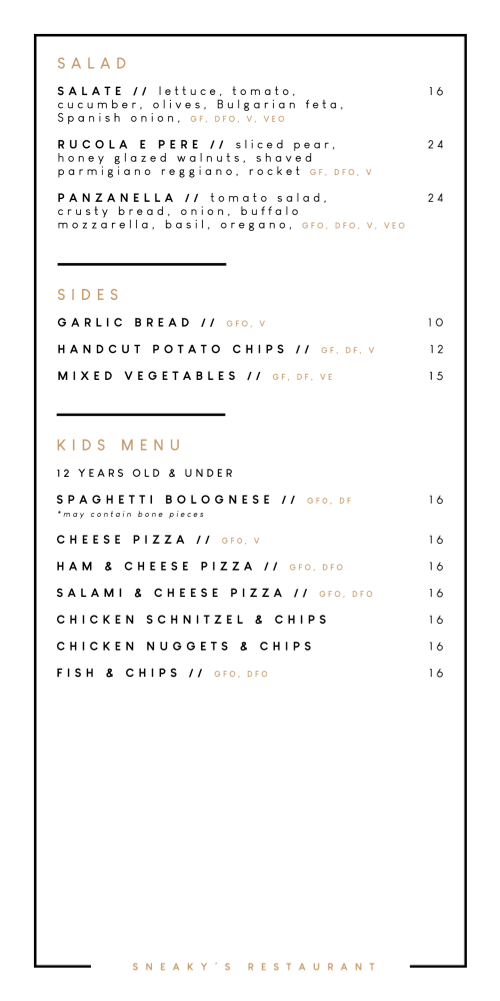 Menu, Sneaky's Restaurant