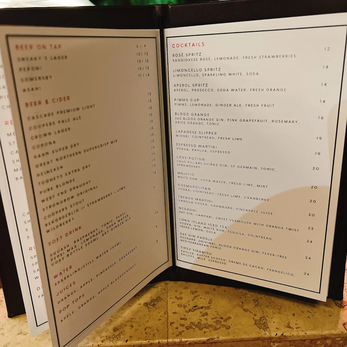 Menu, Sneaky's Restaurant