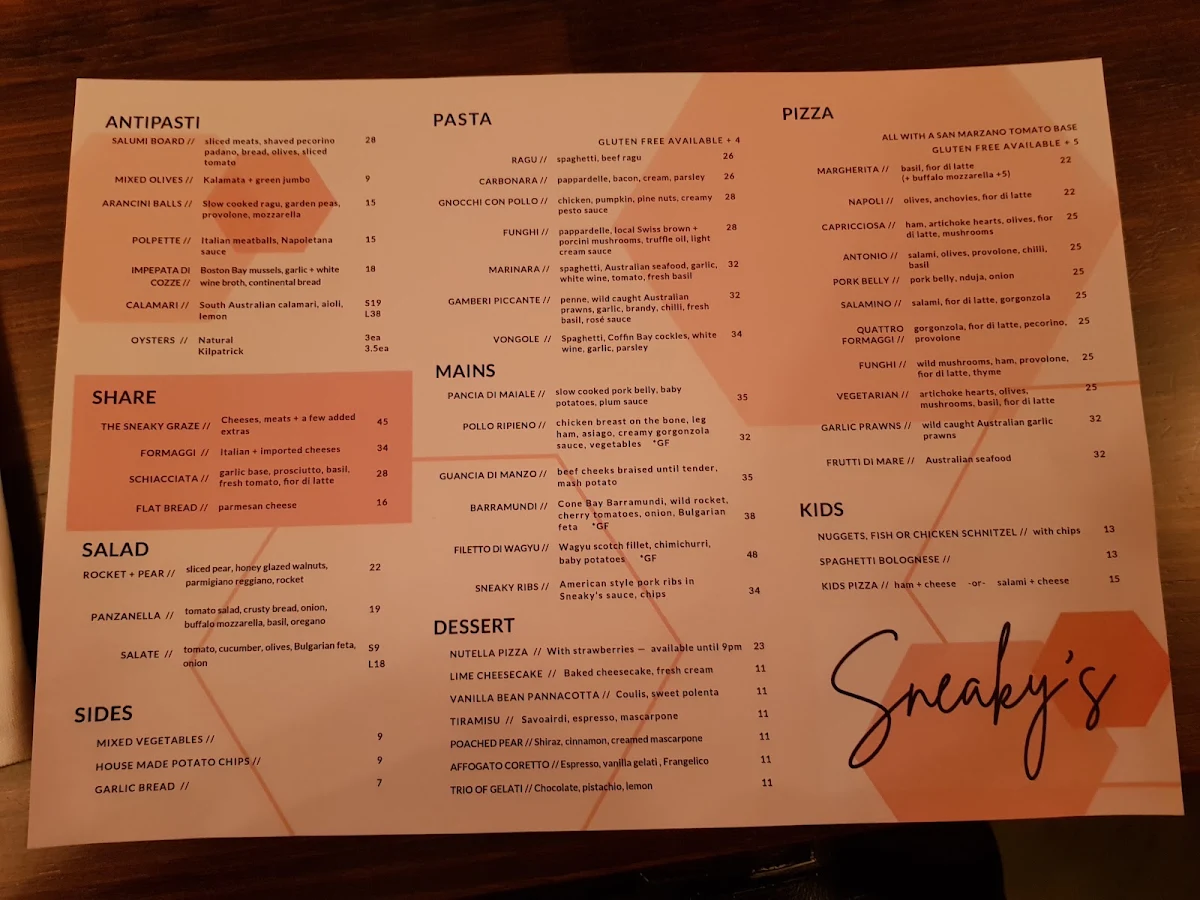 Menu, Sneaky's Restaurant