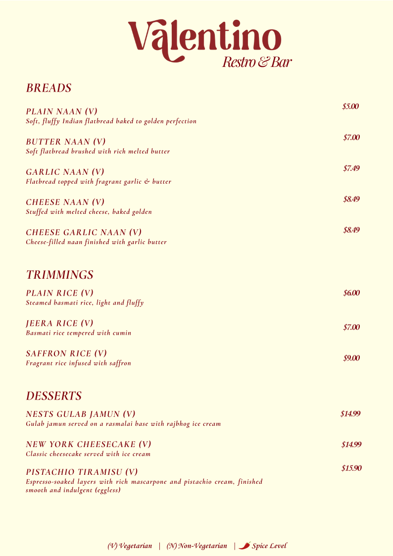 Menu, VALENTINO RESTRO & BAR