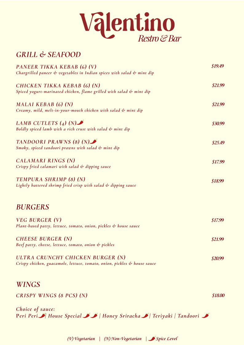 Menu, VALENTINO RESTRO & BAR
