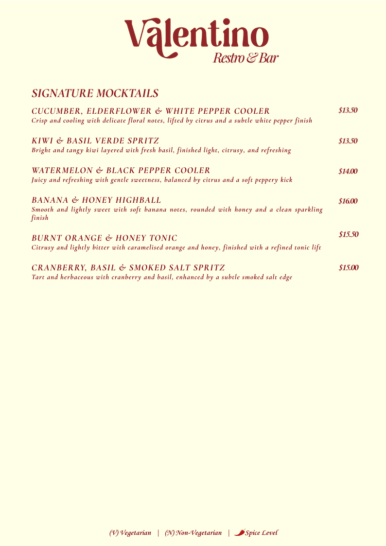 Menu, VALENTINO RESTRO & BAR