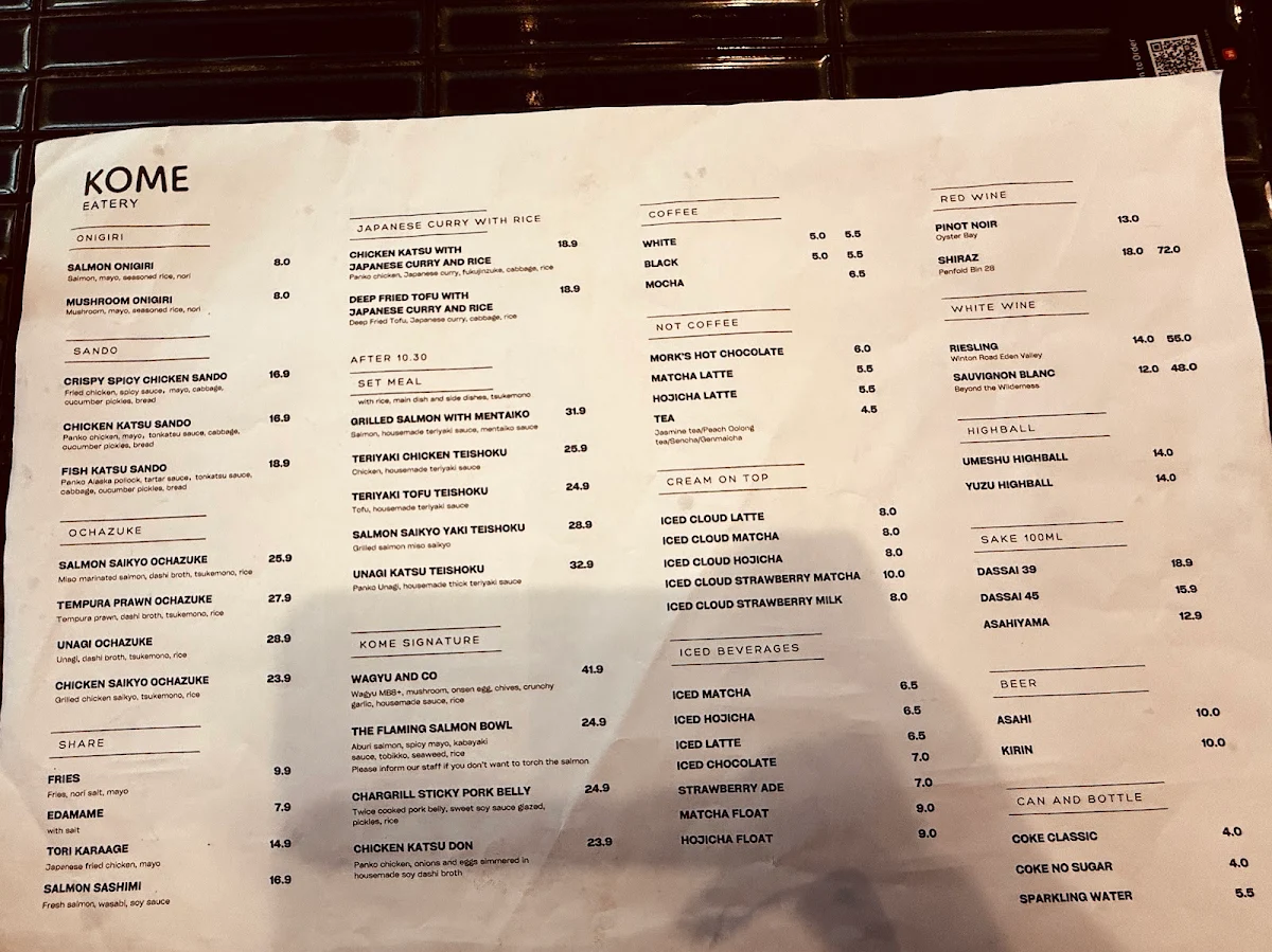Menu, KOME Eatery