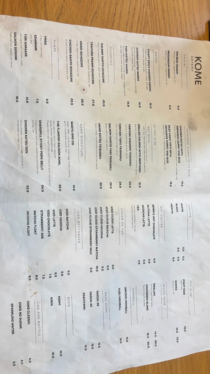 Menu, KOME Eatery