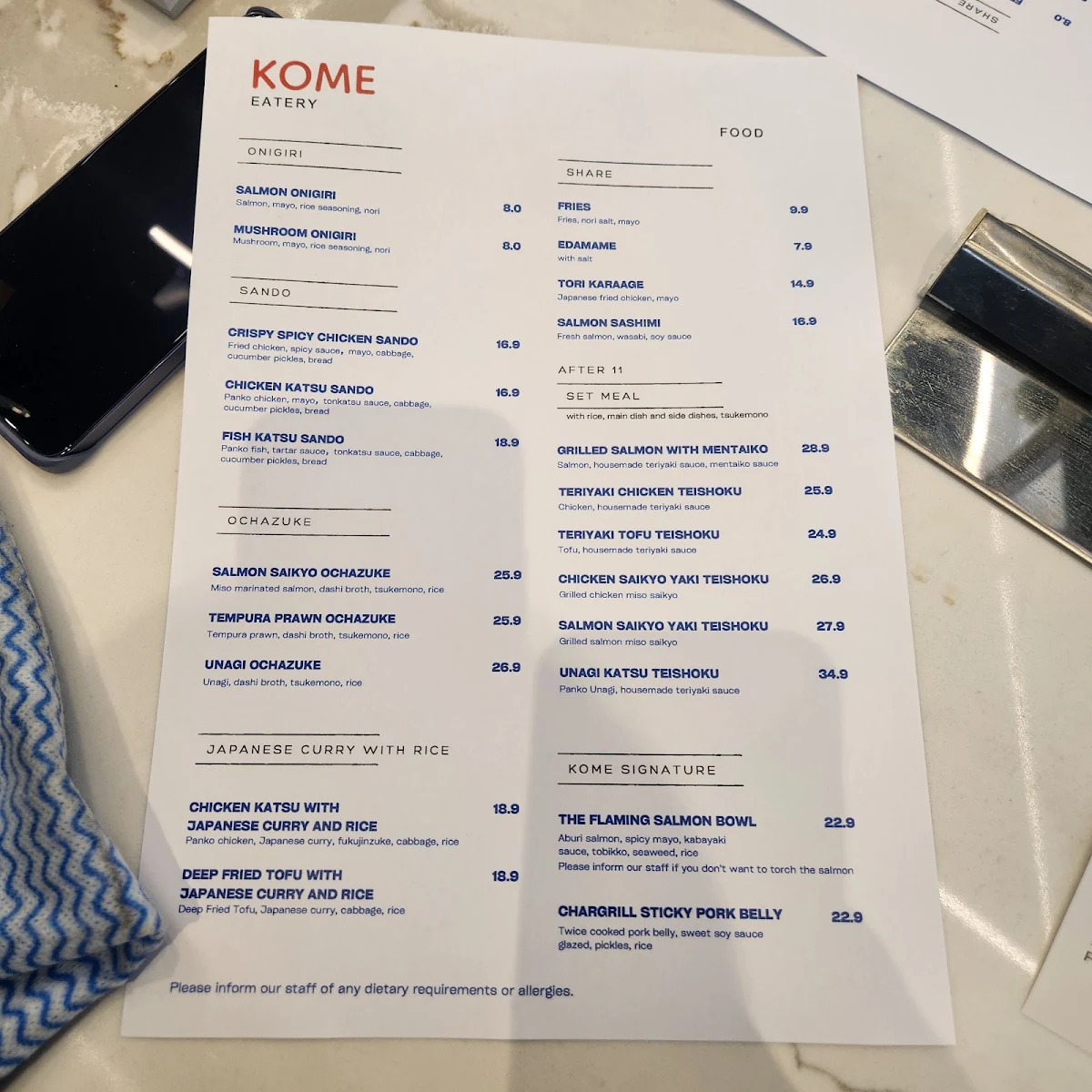 Menu, KOME Eatery