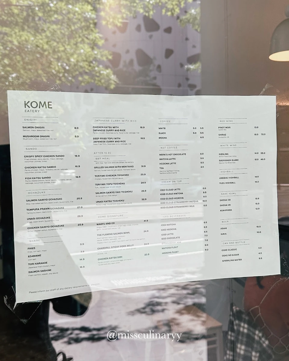 Menu, KOME Eatery