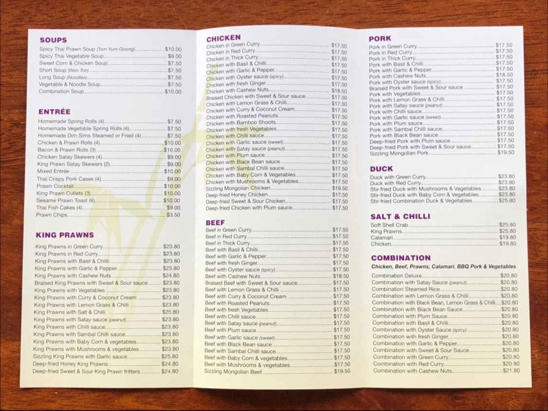 Menu, Ulladulla Palace