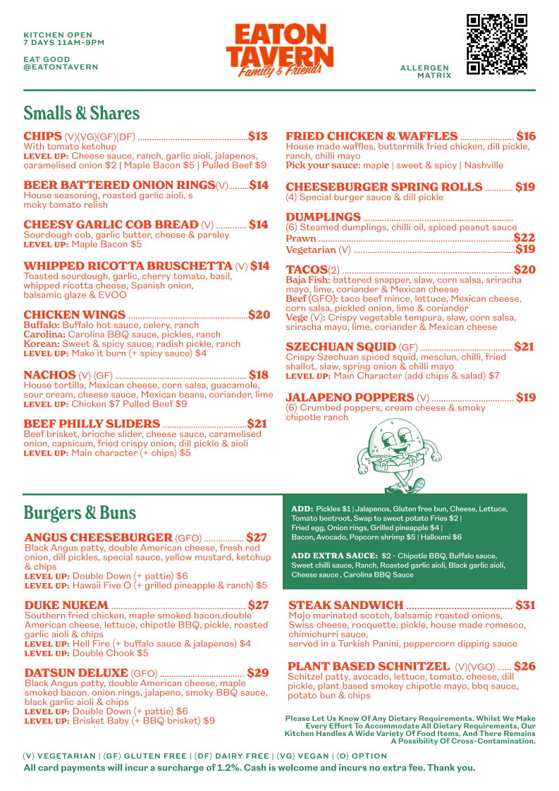 Menu, Eaton Tavern