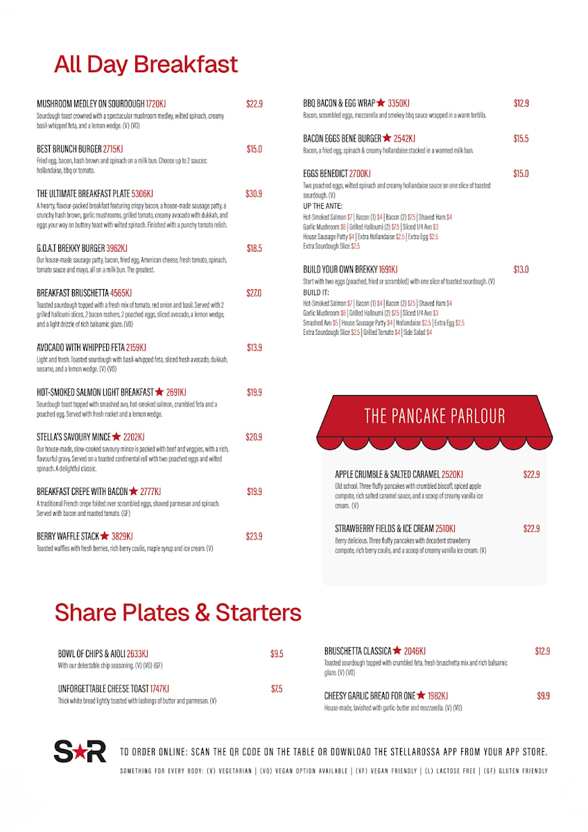 Menu, Stellarossa Earlville