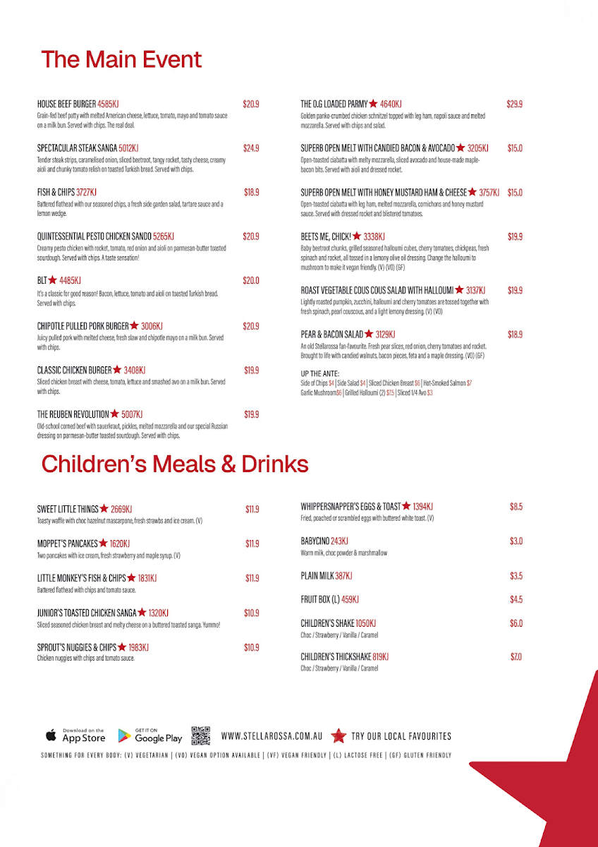 Menu, Stellarossa Earlville