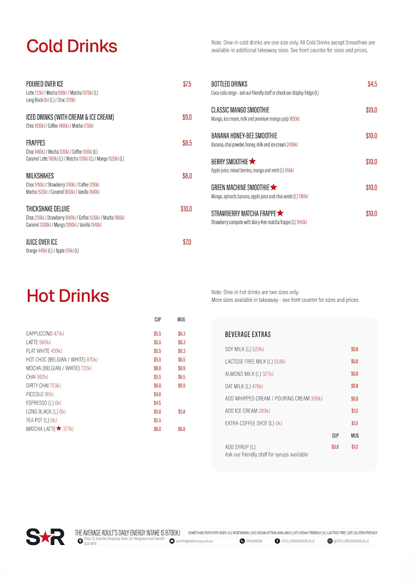 Menu, Stellarossa Earlville