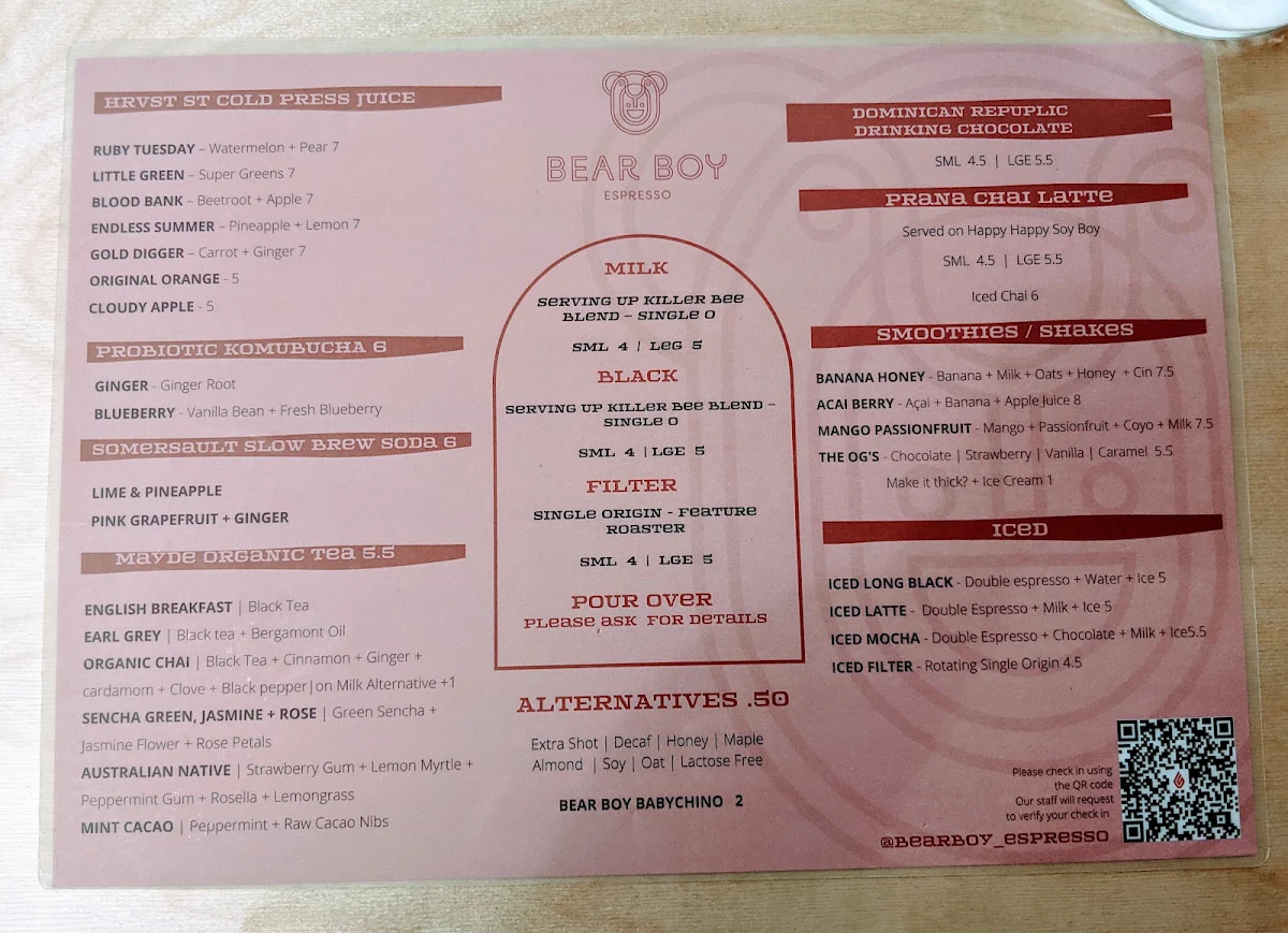 Menu, Bear Boy Espresso