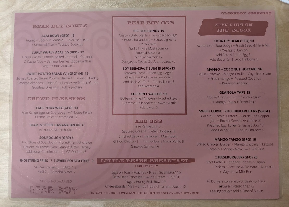 Menu, Bear Boy Espresso