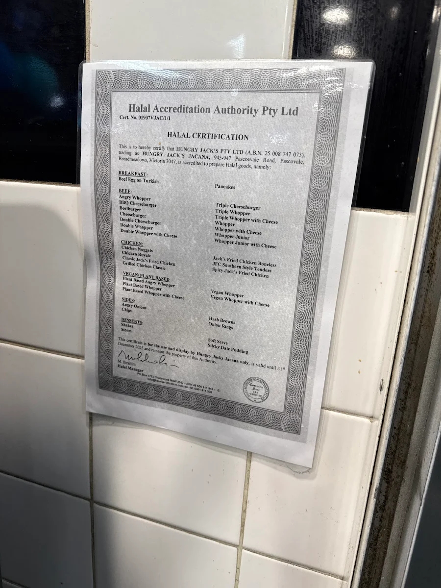 Menu, Hungry Jack's Burgers Jacana