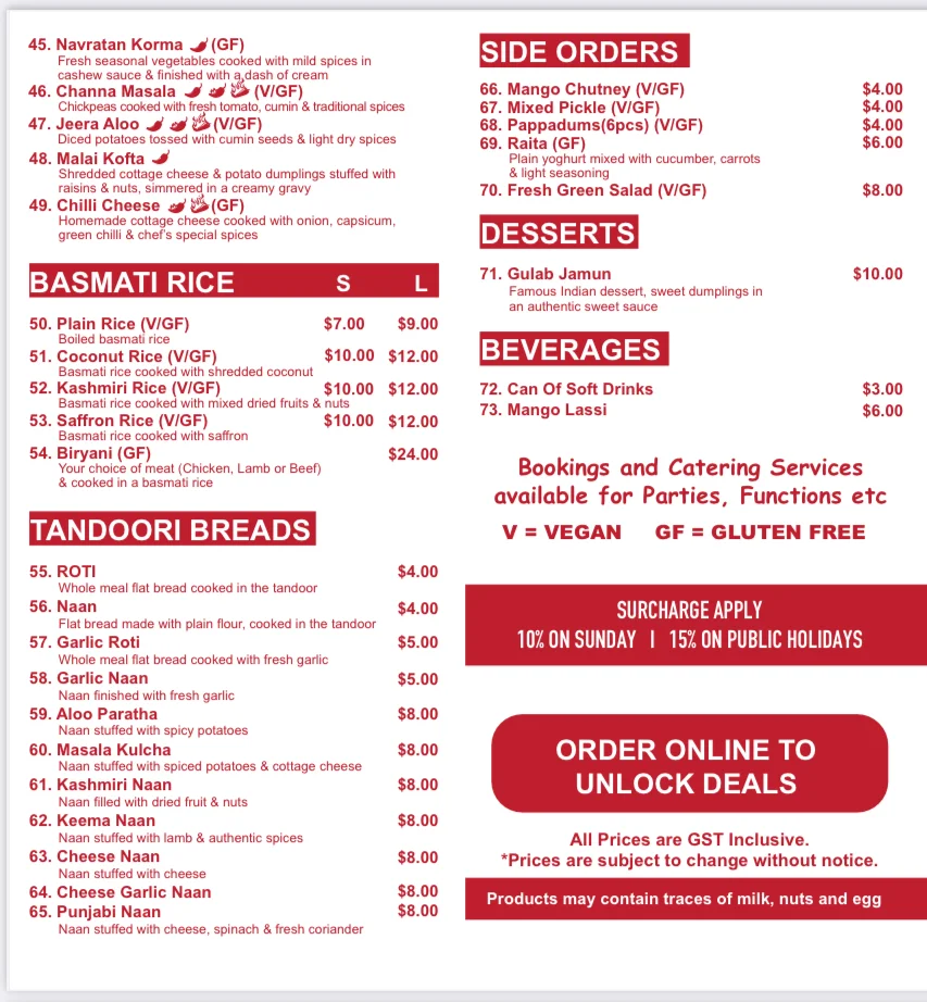 Menu, Tandoori Cuizine Indian Restaurant