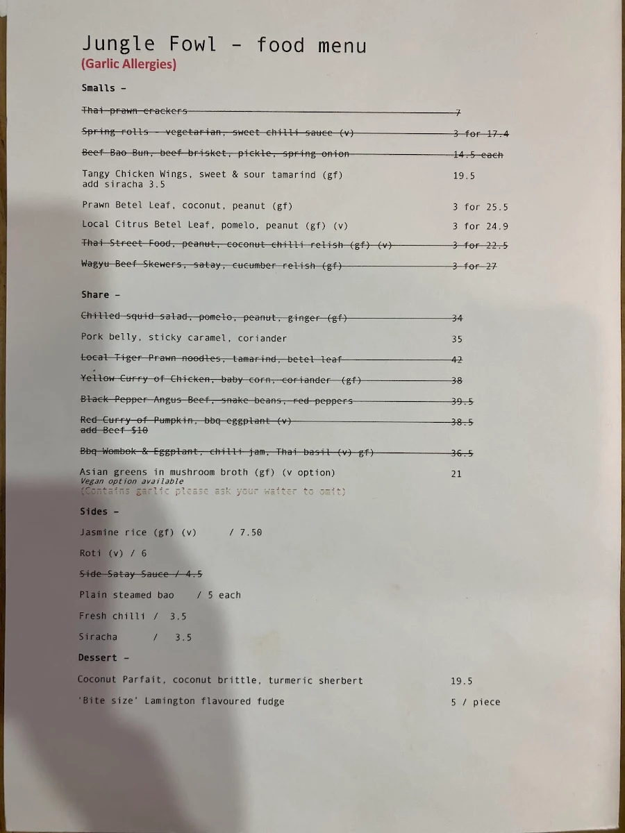 Menu, Jungle Fowl