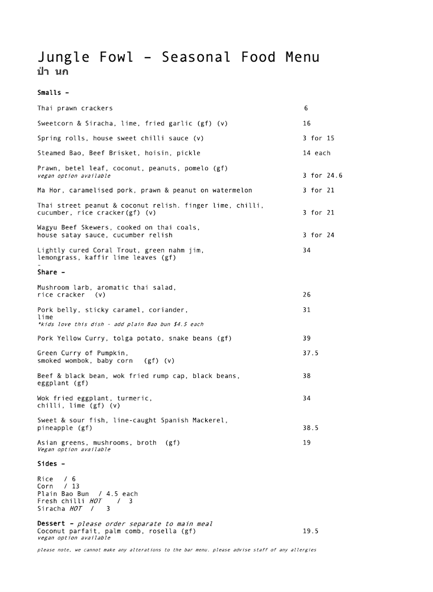 Menu, Jungle Fowl