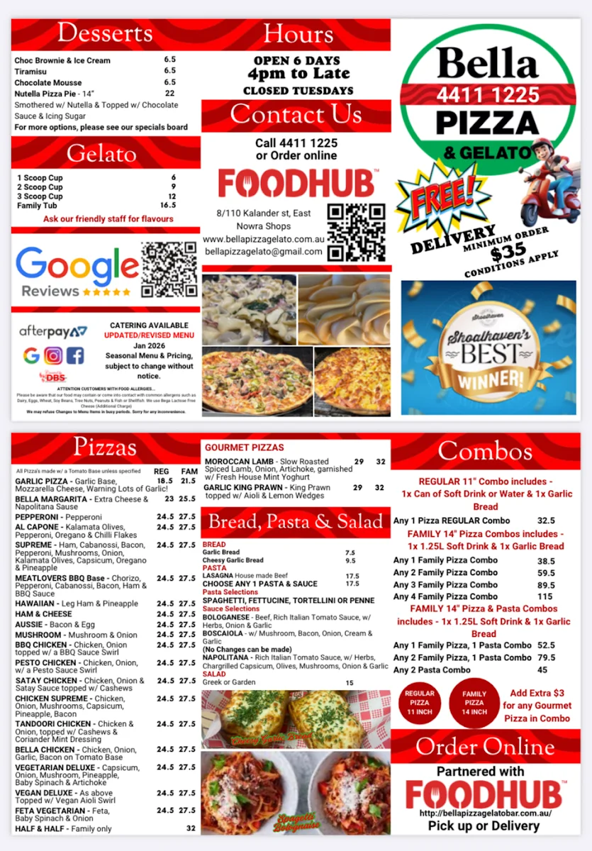 Menu, Bella Pizza & Gelato