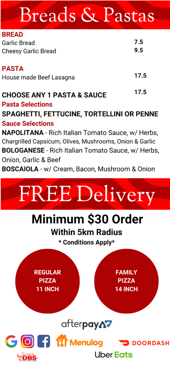 Menu, Bella Pizza & Gelato