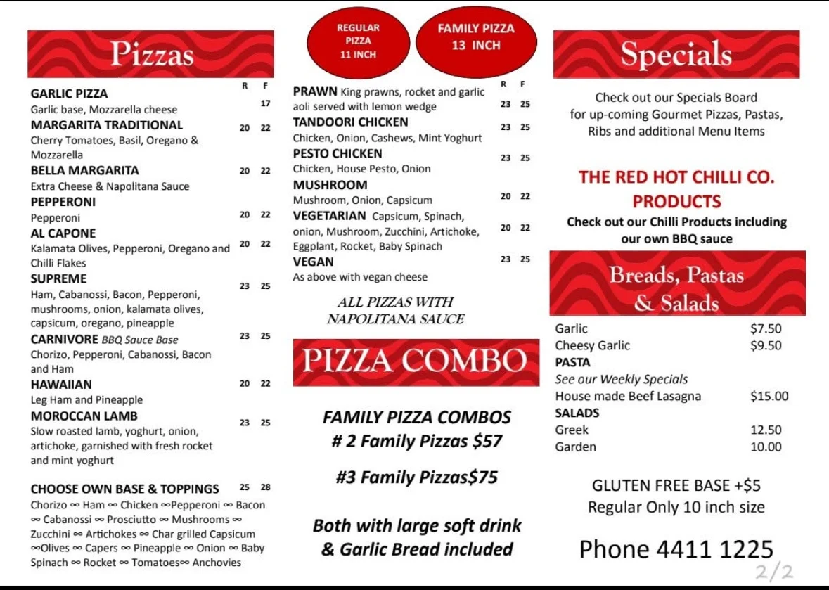 Menu, Bella Pizza & Gelato