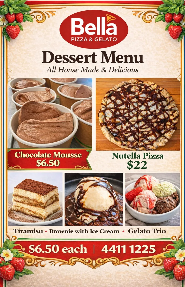 Menu, Bella Pizza & Gelato