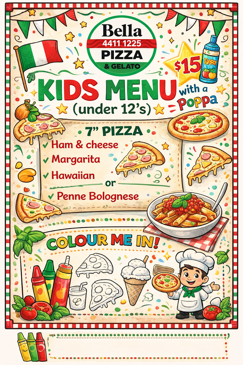 Menu, Bella Pizza & Gelato