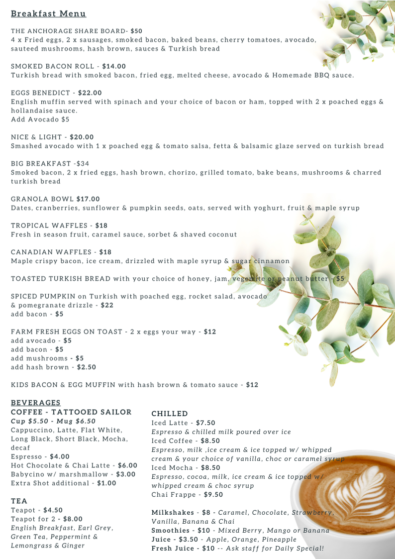 Menu, The Anchorage Bar and Cafe