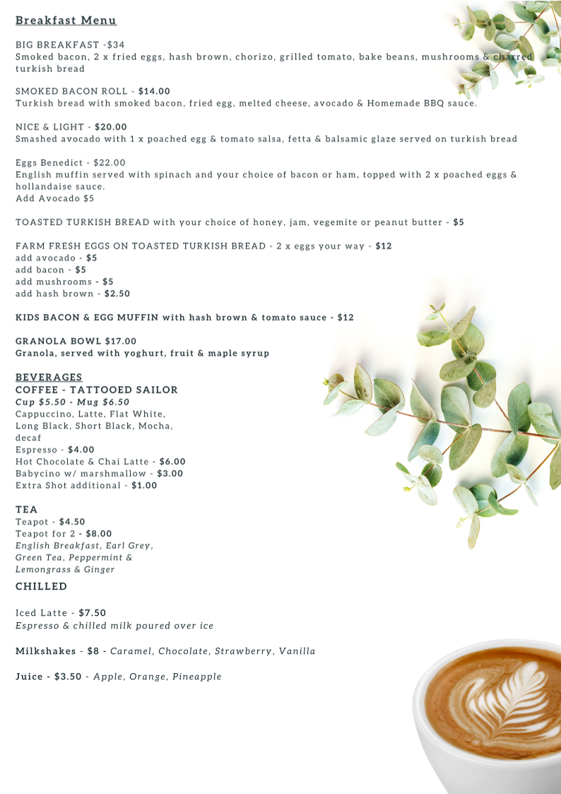 Menu, The Anchorage Bar and Cafe