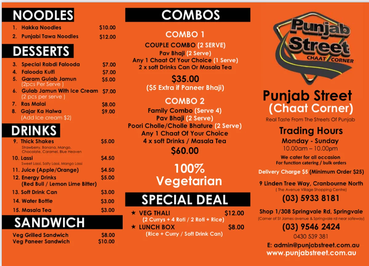 Menu, Punjab Street Chaat Corner