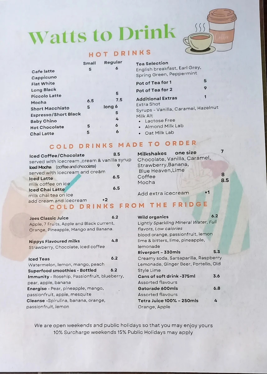 Menu, Bundalong Cafe