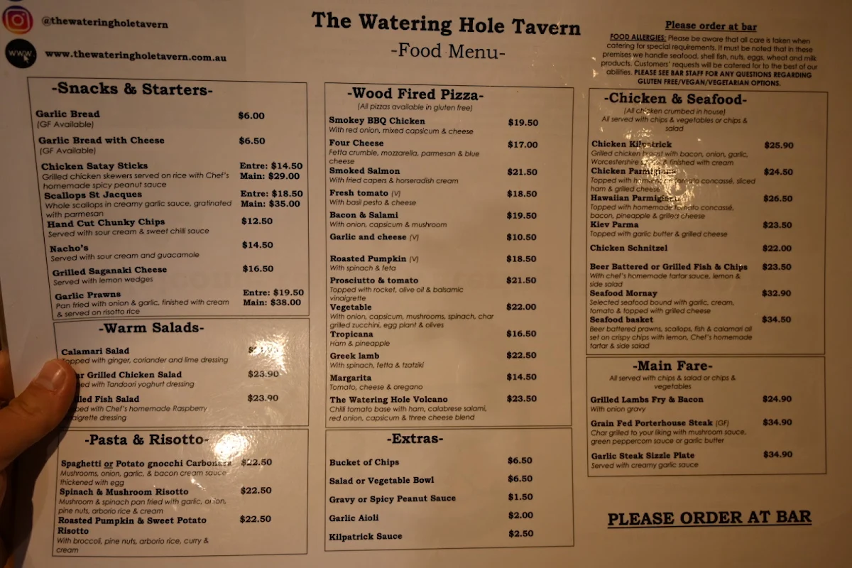 Menu, The Watering Hole Tavern