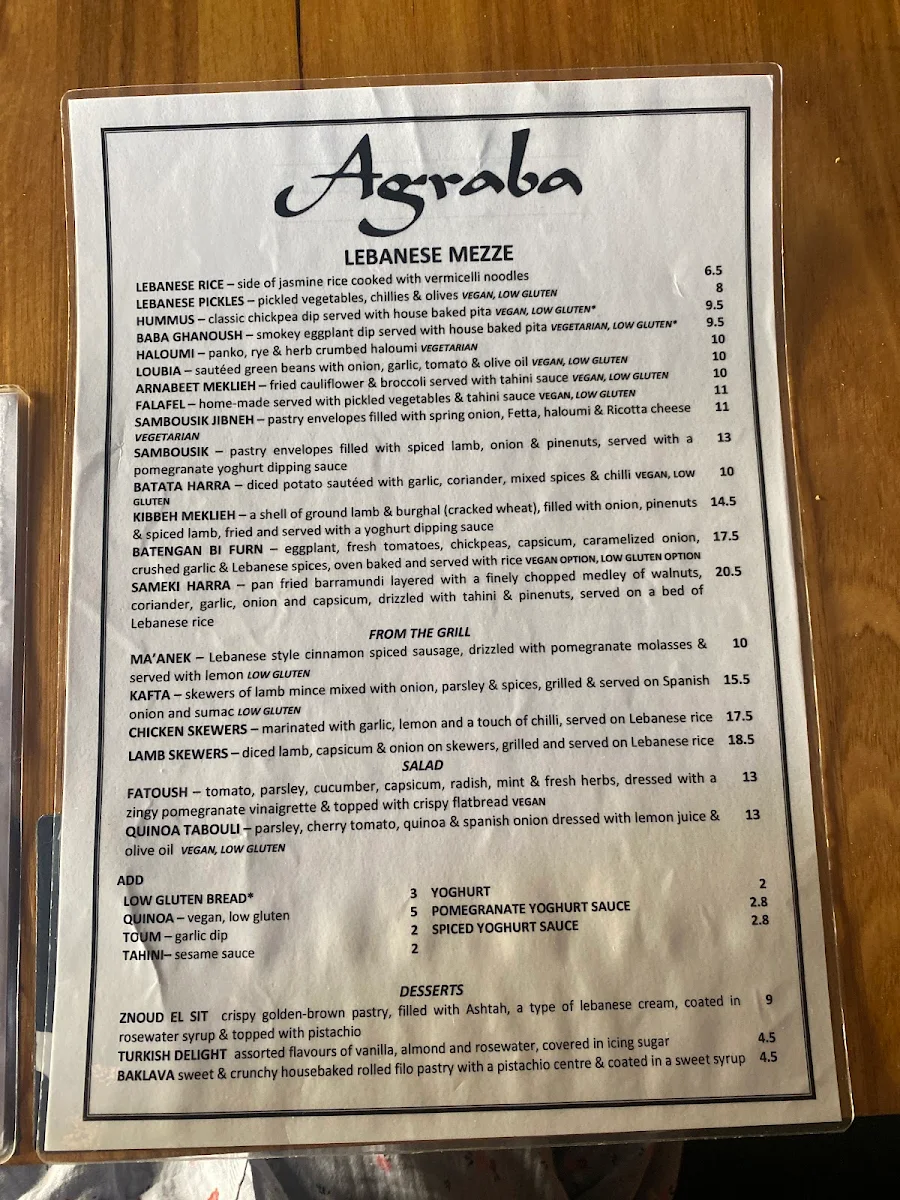 Menu, Errol's
