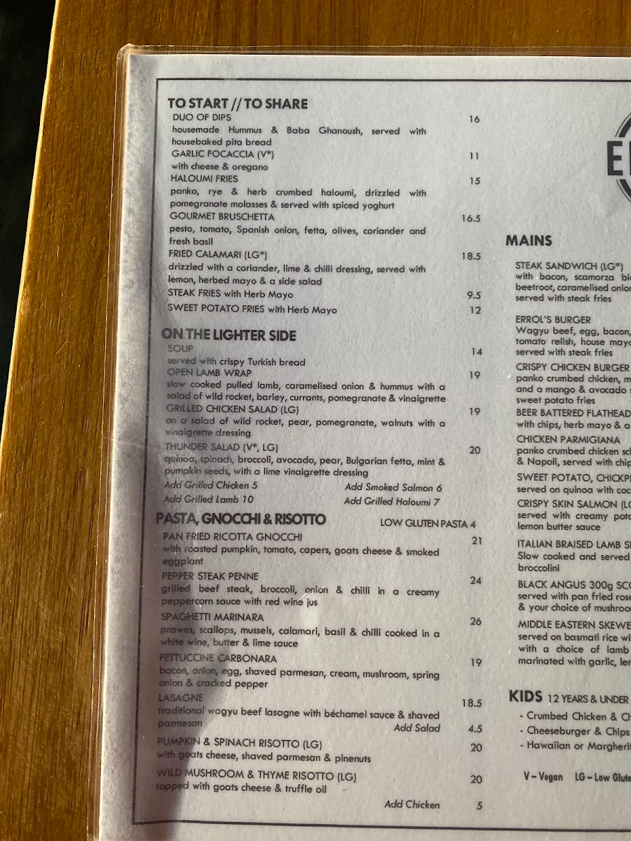Menu, Errol's