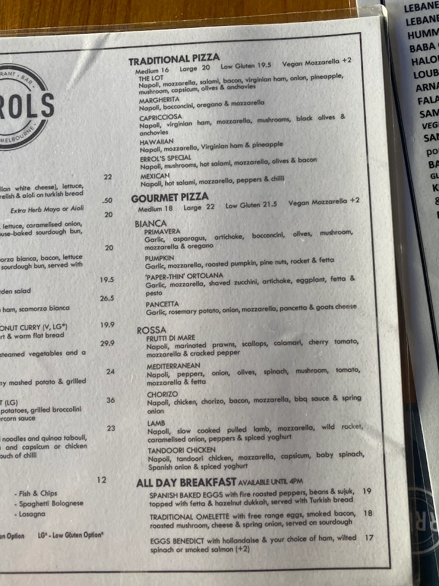 Menu, Errol's