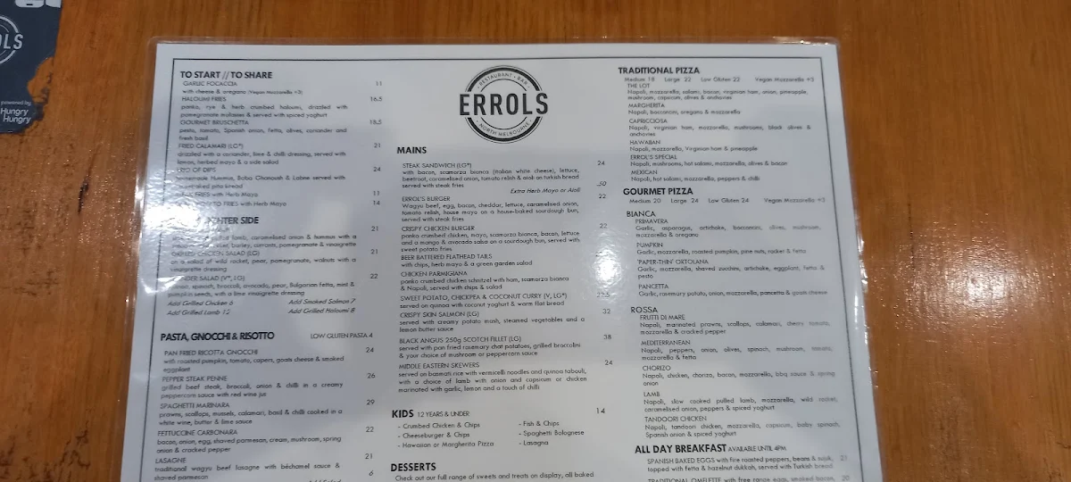 Menu, Errol's