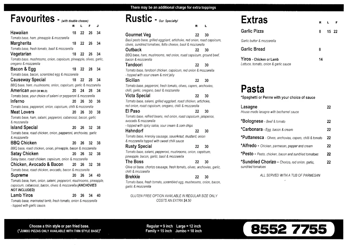 Menu, Victa's Pizza Express
