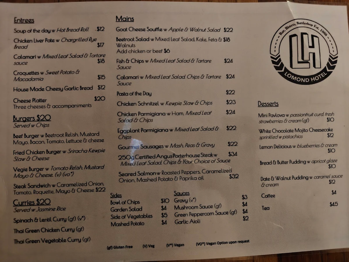 Menu, The Lomond Hotel