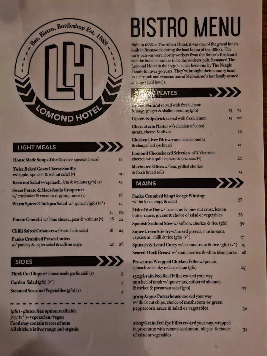Menu, The Lomond Hotel