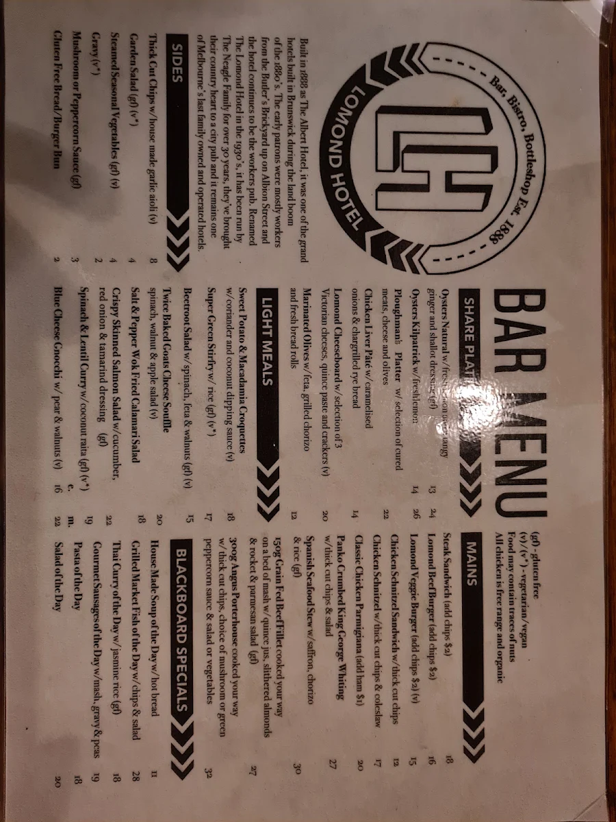 Menu, The Lomond Hotel