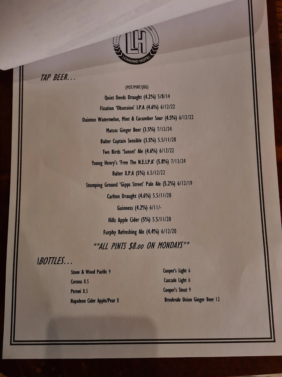 Menu, The Lomond Hotel