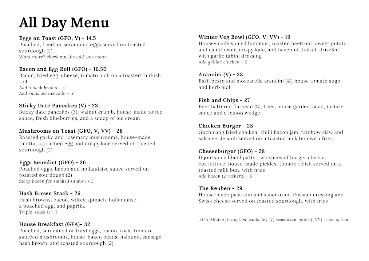 Menu, Carlo's Wagga Wagga