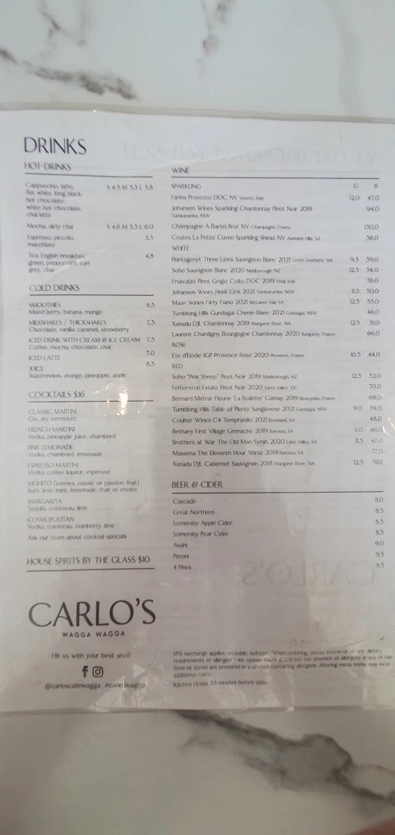 Menu, Carlo's Wagga Wagga