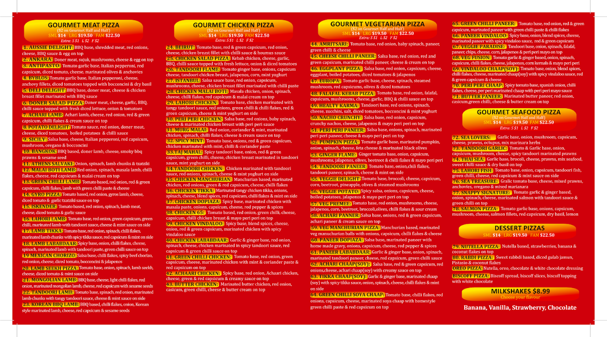 Menu, Snappys Pizza and Kebab