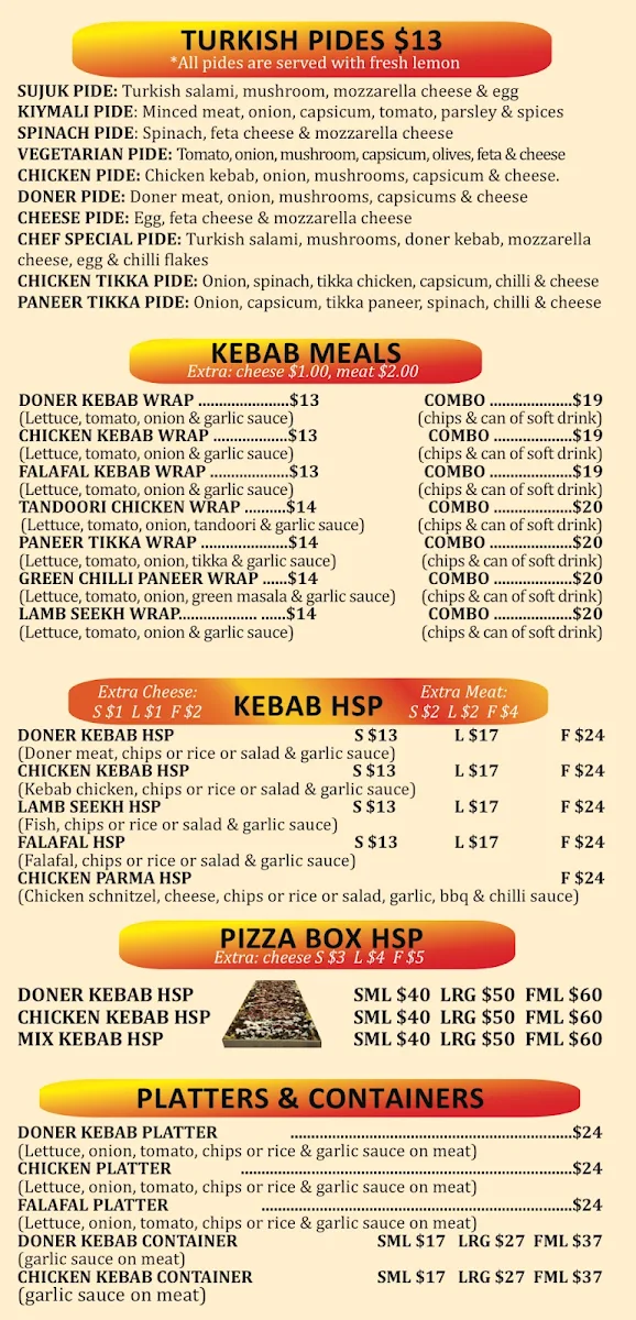 Menu, Snappys Pizza and Kebab