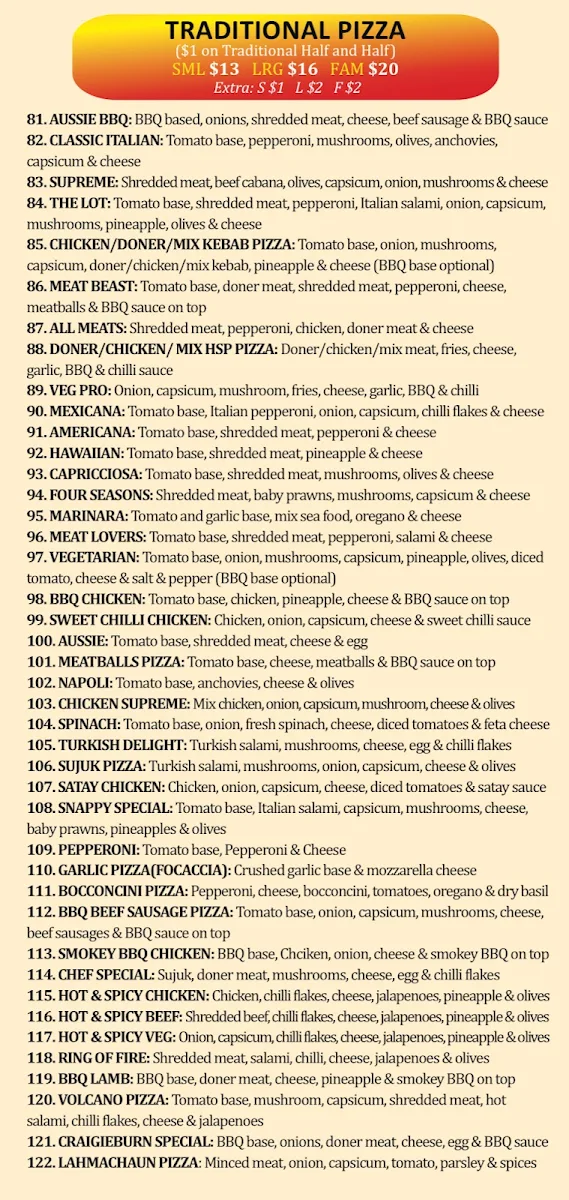 Menu, Snappys Pizza and Kebab