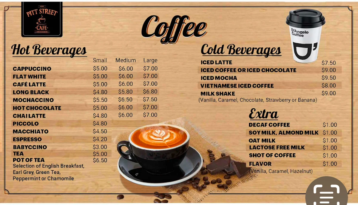 Menu, Pitt Street Café