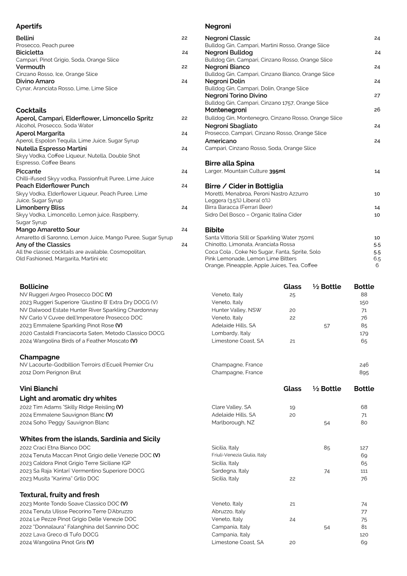 Menu, Divino Osteria