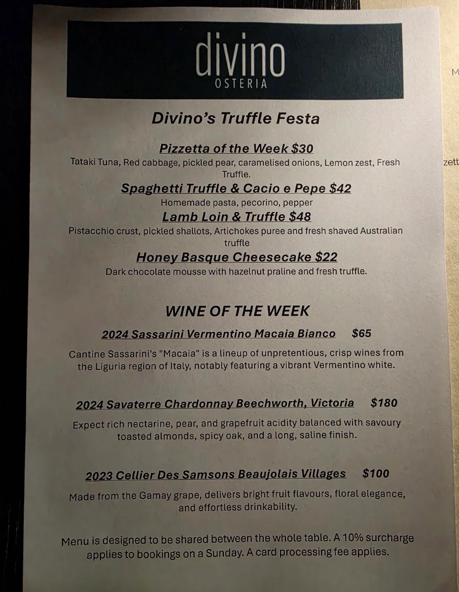 Menu, Divino Osteria
