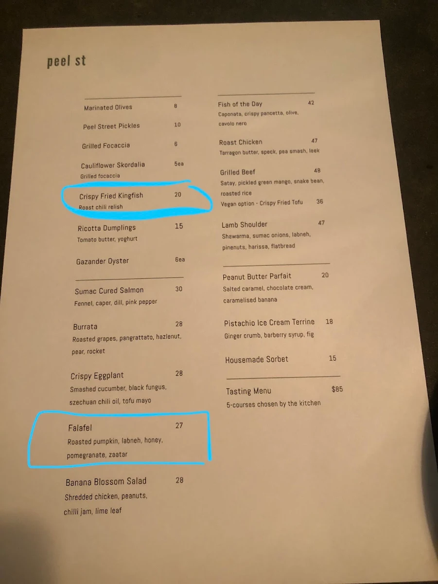 Menu, Peel St