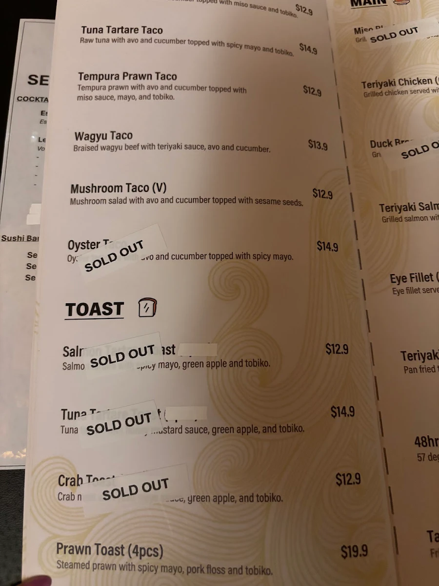 Menu, Taiko on Chapel